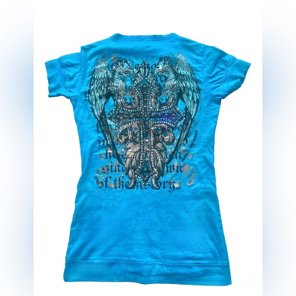 Swarovski Crystal Embellished Cross T Shirt For Women, Blue Short Sleeve Shirt - Picture 11 of 16